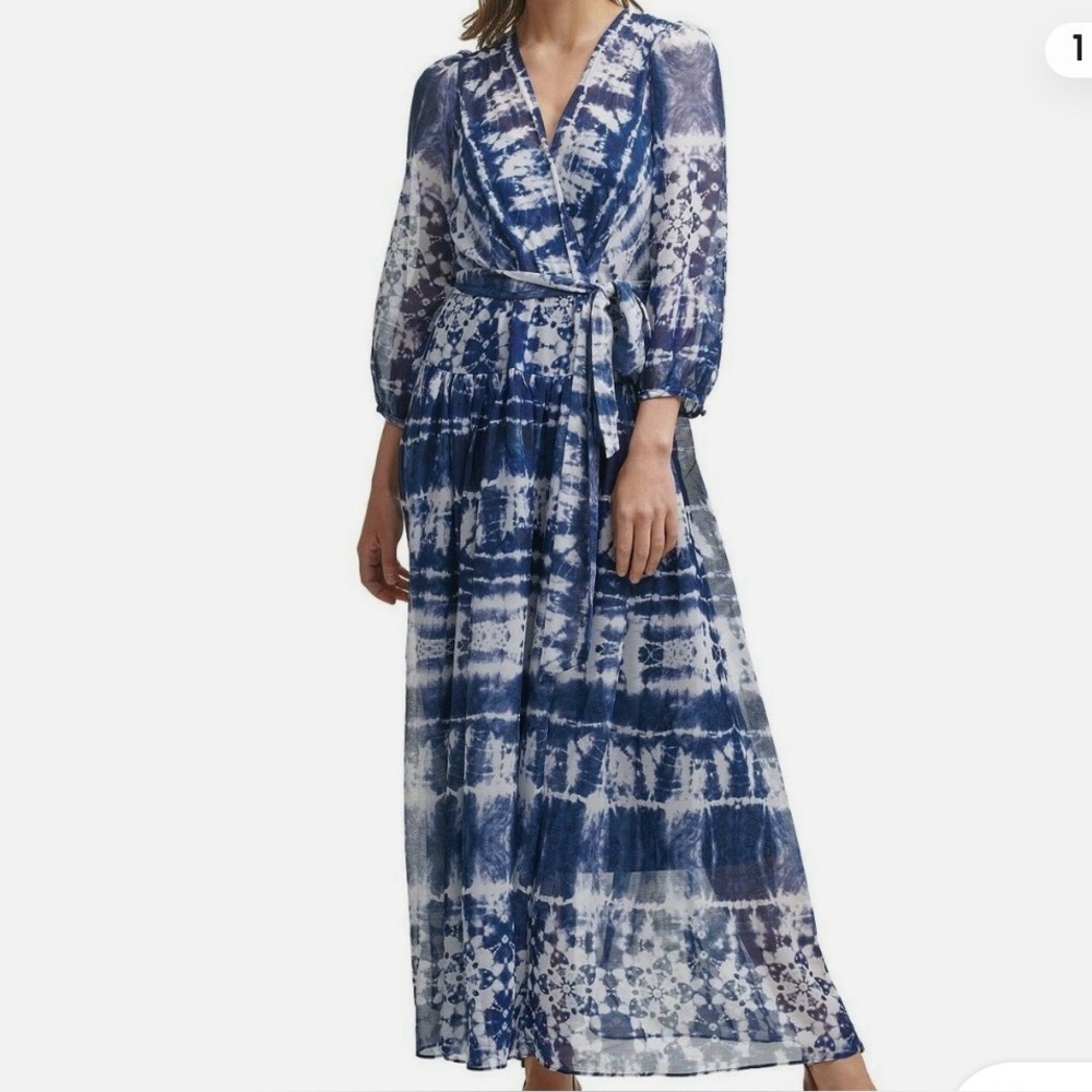 Tie-Dye Blue Faux Wrap Maxi Dress - , Women Chiffon Flowy